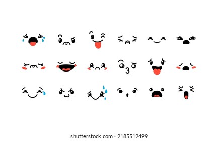 Various Cartoon Emoticons Set. Doodle faces, eyes and mouth. Caricature comic expressive emotions, smiling, crying and surprised character face expressions. Isolated vector illustration icons set