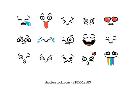 Various Cartoon Emoticons Set. Doodle faces, eyes and mouth. Caricature comic expressive emotions, smiling, crying and surprised character face expressions. Isolated vector illustration icons set