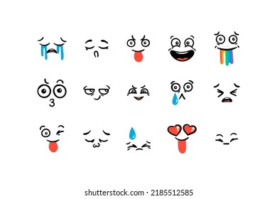 Various Cartoon Emoticons Set. Doodle faces, eyes and mouth. Caricature comic expressive emotions, smiling, crying and surprised character face expressions. Isolated vector illustration icons set