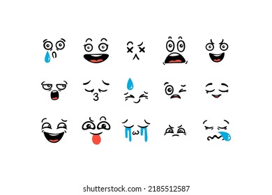 Various Cartoon Emoticons Set. Doodle faces, eyes and mouth. Caricature comic expressive emotions, smiling, crying and surprised character face expressions. Isolated vector illustration icons set