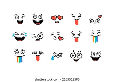 Diversos Emoticones De Caricatura. Caras, ojos y boca de perro. Caricatura de emociones expresivas cómicas, sonrientes, llorosas y sorprendentes expresiones faciales. Conjunto de iconos de ilustración vectorial aislados