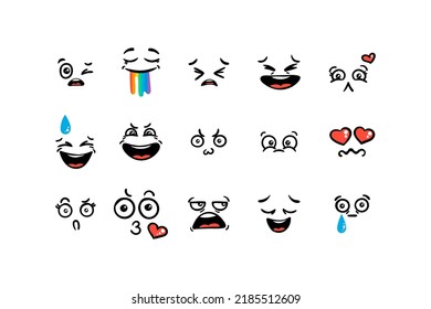 Various Cartoon Emoticons Set. Doodle faces, eyes and mouth. Caricature comic expressive emotions, smiling, crying and surprised character face expressions. Isolated vector illustration icons set