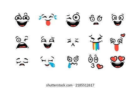 Various Cartoon Emoticons Set. Doodle faces, eyes and mouth. Caricature comic expressive emotions, smiling, crying and surprised character face expressions. Isolated vector illustration icons set