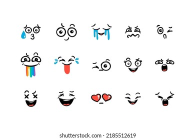 Various Cartoon Emoticons Set. Doodle faces, eyes and mouth. Caricature comic expressive emotions, smiling, crying and surprised character face expressions. Isolated vector illustration icons set