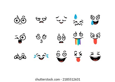 Various Cartoon Emoticons Set. Doodle faces, eyes and mouth. Caricature comic expressive emotions, smiling, crying and surprised character face expressions. Isolated vector illustration icons set