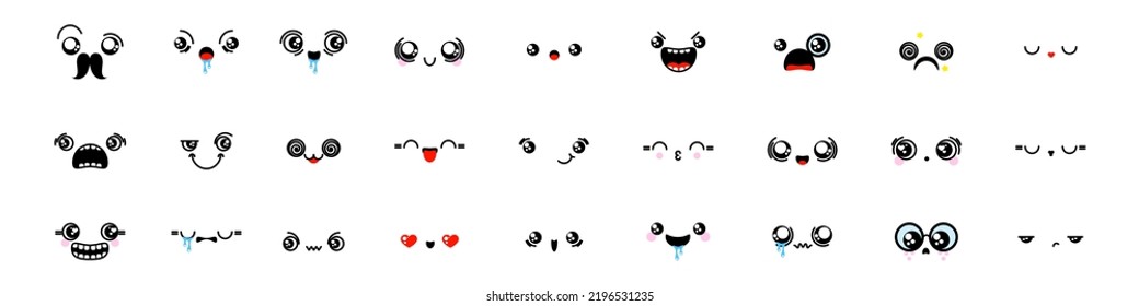 Various Cartoon Emoticons Set. Doodle faces, eyes and mouth. Caricature comic expressive emotions, smiling, crying and surprised character face expressions. Isolated vector illustration icons set