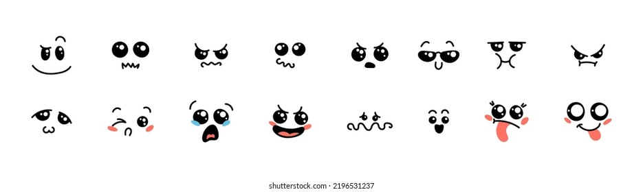 Various Cartoon Emoticons Set. Doodle faces, eyes and mouth. Caricature comic expressive emotions, smiling, crying and surprised character face expressions. Isolated vector illustration icons set
