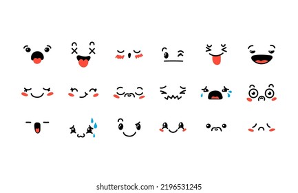 Various Cartoon Emoticons Set. Doodle faces, eyes and mouth. Caricature comic expressive emotions, smiling, crying and surprised character face expressions. Isolated vector illustration icons set