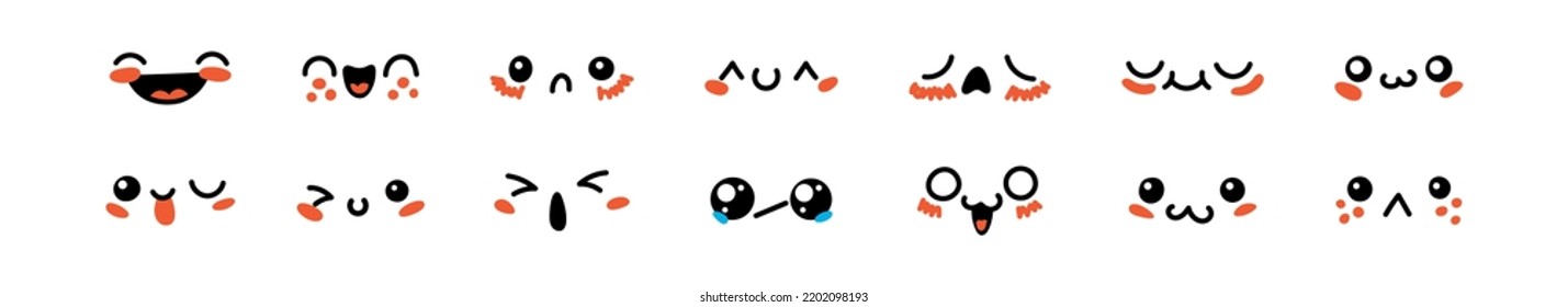 Various Cartoon Emoticons Set. Doodle faces, eyes and mouth. Caricature comic expressive emotions, smiling, crying and surprised character face expressions. Isolated vector illustration icons set