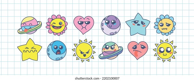 Various Cartoon Emoticons Set. Doodle faces, eyes and mouth. Caricature comic expressive emotions, smiling, crying and surprised character face expressions. Isolated vector illustration icons set
