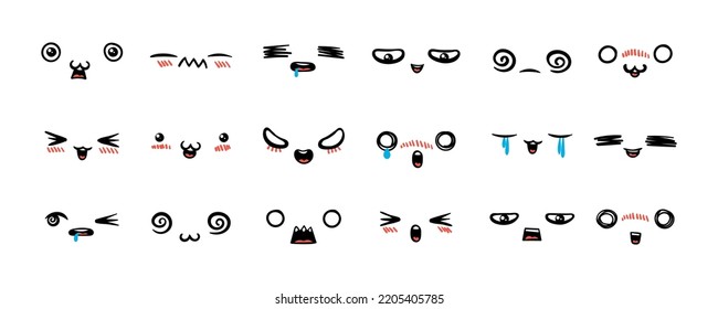 Various Cartoon Emoticons Set. Doodle faces, eyes and mouth. Caricature comic expressive emotions, smiling, crying and surprised character face expressions. Isolated vector illustration icons set