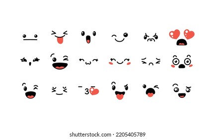 Diversos Emoticones De Caricatura. Caras, ojos y boca de perro. Caricatura de emociones expresivas cómicas, sonrientes, llorosas y sorprendentes expresiones faciales. Conjunto de iconos de ilustración vectorial aislados