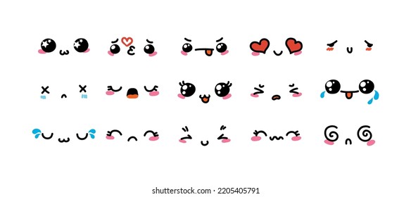 Various Cartoon Emoticons Set. Doodle faces, eyes and mouth. Caricature comic expressive emotions, smiling, crying and surprised character face expressions. Isolated vector illustration icons set