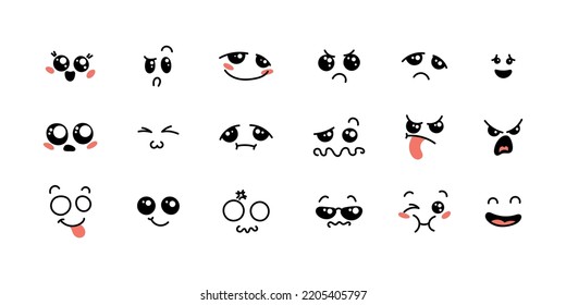 Diversos Emoticones De Caricatura. Caras, ojos y boca de perro. Caricatura de emociones expresivas cómicas, sonrientes, llorosas y sorprendentes expresiones faciales. Conjunto de iconos de ilustración vectorial aislados