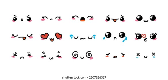 Various Cartoon Emoticons Set. Doodle faces, eyes and mouth. Caricature comic expressive emotions, smiling, crying and surprised character face expressions. Isolated vector illustration icons set