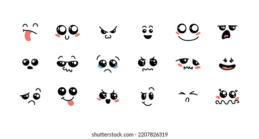 Various Cartoon Emoticons Set. Doodle faces, eyes and mouth. Caricature comic expressive emotions, smiling, crying and surprised character face expressions. Isolated vector illustration icons set