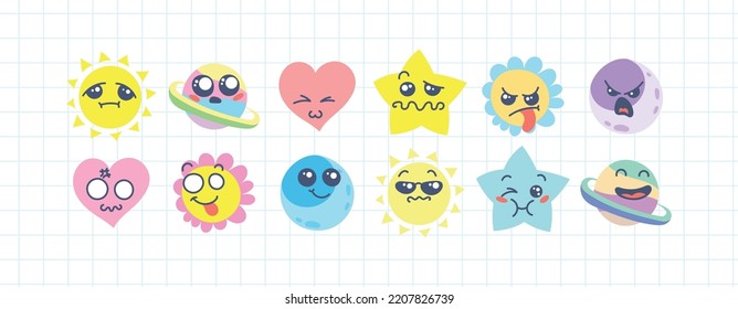 Diversos Emoticones De Caricatura. Caras, ojos y boca de perro. Caricatura de emociones expresivas cómicas, sonrientes, llorosas y sorprendentes expresiones faciales. Conjunto de iconos de ilustración vectorial aislados