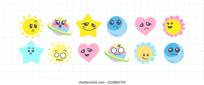 Various Cartoon Emoticons Set. Doodle faces, eyes and mouth. Caricature comic expressive emotions, smiling, crying and surprised character face expressions