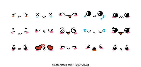 Various Cartoon Emoticons Set. Doodle faces, eyes and mouth. Caricature comic expressive emotions, smiling, crying and surprised character face expressions. Isolated vector illustration icons set