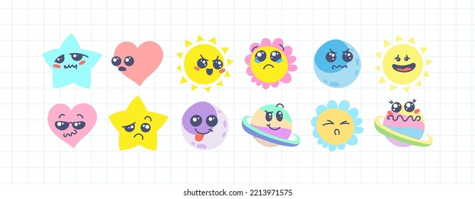 Various Cartoon Emoticons Set. Doodle faces, eyes and mouth. Caricature comic expressive emotions, smiling, crying and surprised character face expressions. Isolated vector illustration icons set