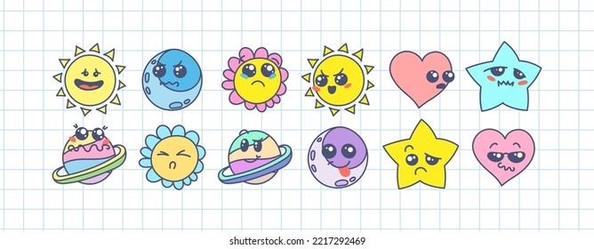 Various Cartoon Emoticons Set. Doodle faces, eyes and mouth. Caricature comic expressive emotions, smiling, crying and surprised character face expressions. Isolated vector illustration icons set