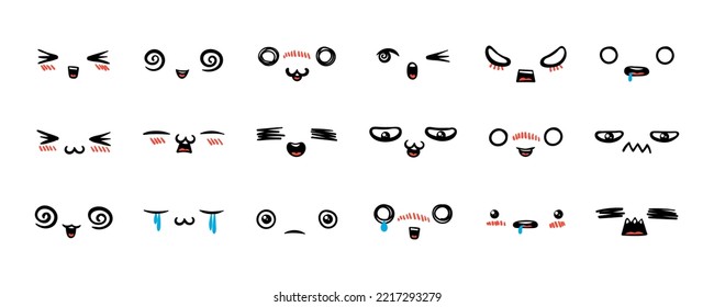 Various Cartoon Emoticons Set. Doodle faces, eyes and mouth. Caricature comic expressive emotions, smiling, crying and surprised character face expressions. Isolated vector illustration icons set