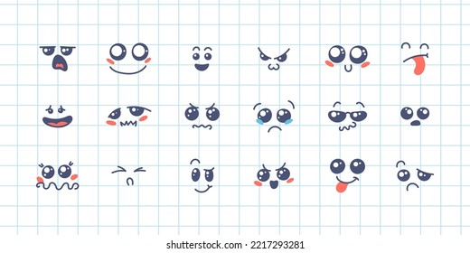 Various Cartoon Emoticons Set. Doodle faces, eyes and mouth. Caricature comic expressive emotions, smiling, crying and surprised character face expressions. Isolated vector illustration icons set