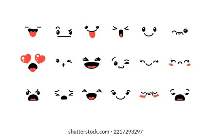 Various Cartoon Emoticons Set. Doodle faces, eyes and mouth. Caricature comic expressive emotions, smiling, crying and surprised character face expressions. Isolated vector illustration icons set