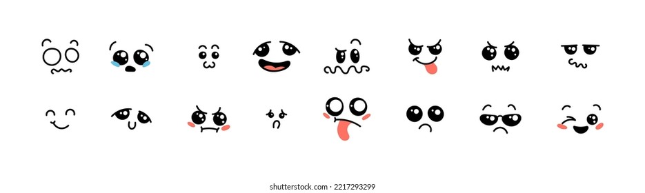 Various Cartoon Emoticons Set. Doodle faces, eyes and mouth. Caricature comic expressive emotions, smiling, crying and surprised character face expressions. Isolated vector illustration icons set