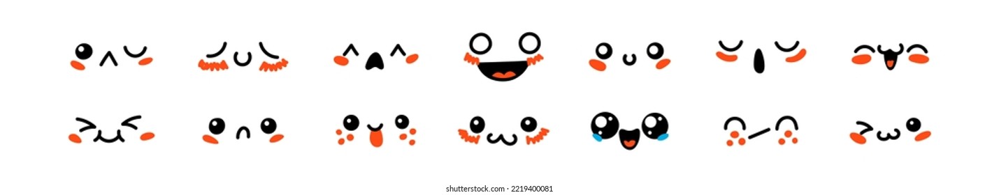 Various Cartoon Emoticons Set. Doodle faces, eyes and mouth. Caricature comic expressive emotions, smiling, crying and surprised character face expressions. Isolated vector illustration icons set