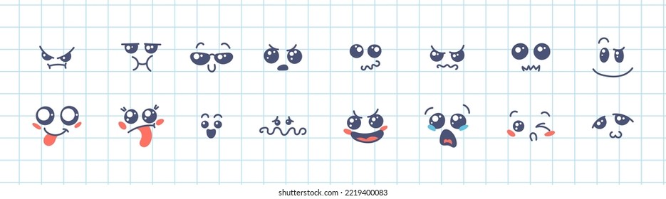 Various Cartoon Emoticons Set. Doodle faces, eyes and mouth. Caricature comic expressive emotions, smiling, crying and surprised character face expressions. Isolated vector illustration icons set