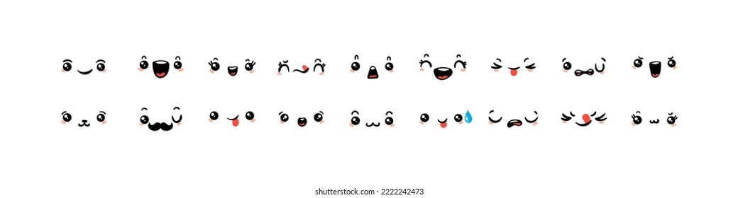 Various Cartoon Emoticons Set. Doodle faces, eyes and mouth. Caricature comic expressive emotions, smiling, crying and surprised character face expressions. Isolated vector illustration icons set