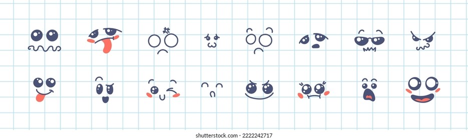 Various Cartoon Emoticons Set. Doodle faces, eyes and mouth. Caricature comic expressive emotions, smiling, crying and surprised character face expressions. Isolated vector illustration icons set