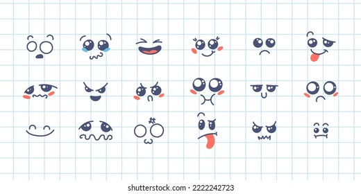 Various Cartoon Emoticons Set. Doodle faces, eyes and mouth. Caricature comic expressive emotions, smiling, crying and surprised character face expressions. Isolated vector illustration icons set