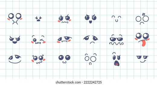 Various Cartoon Emoticons Set. Doodle faces, eyes and mouth. Caricature comic expressive emotions, smiling, crying and surprised character face expressions. Isolated vector illustration icons set
