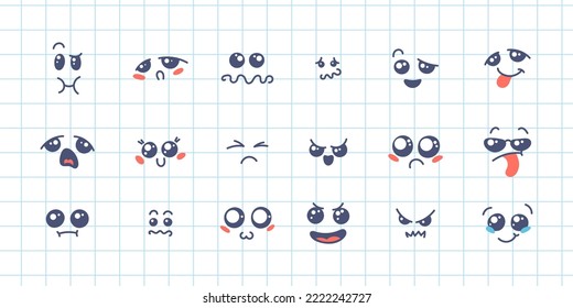 Various Cartoon Emoticons Set. Doodle faces, eyes and mouth. Caricature comic expressive emotions, smiling, crying and surprised character face expressions. Isolated vector illustration icons set