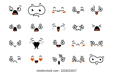 Various Cartoon Emoticons Set. Doodle faces, eyes and mouth. Caricature comic expressive emotions, smiling, crying and surprised character face expressions. Isolated vector illustration icons set