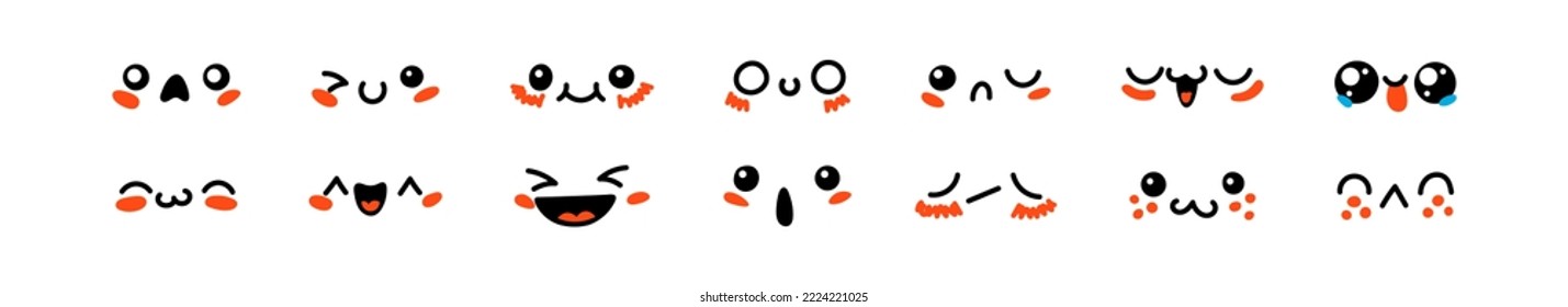 Various Cartoon Emoticons Set. Doodle faces, eyes and mouth. Caricature comic expressive emotions, smiling, crying and surprised character face expressions. Isolated vector illustration icons set
