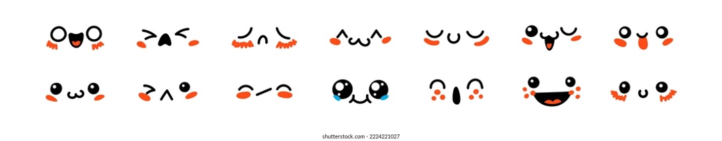 Various Cartoon Emoticons Set. Doodle faces, eyes and mouth. Caricature comic expressive emotions, smiling, crying and surprised character face expressions. Isolated vector illustration icons set