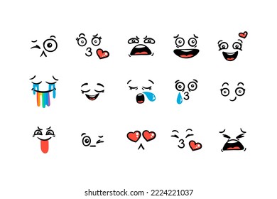 Various Cartoon Emoticons Set. Doodle faces, eyes and mouth. Caricature comic expressive emotions, smiling, crying and surprised character face expressions. Isolated vector illustration icons set