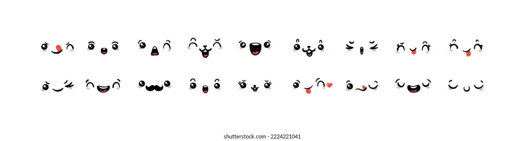 Various Cartoon Emoticons Set. Doodle faces, eyes and mouth. Caricature comic expressive emotions, smiling, crying and surprised character face expressions. Isolated vector illustration icons set