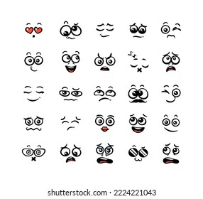 Various Cartoon Emoticons Set. Doodle faces, eyes and mouth. Caricature comic expressive emotions, smiling, crying and surprised character face expressions. Isolated vector illustration icons set
