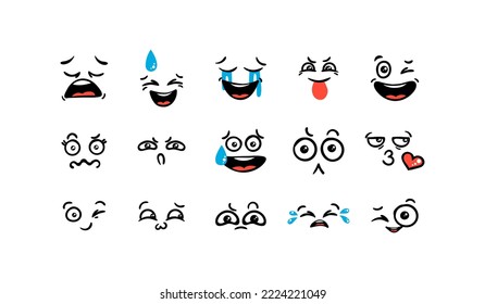 Various Cartoon Emoticons Set. Doodle faces, eyes and mouth. Caricature comic expressive emotions, smiling, crying and surprised character face expressions. Isolated vector illustration icons set