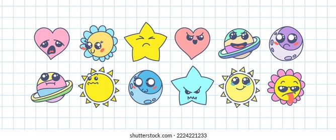 Various Cartoon Emoticons Set. Doodle faces, eyes and mouth. Caricature comic expressive emotions, smiling, crying and surprised character face expressions. Isolated vector illustration icons set