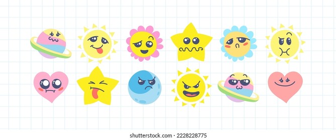 Various Cartoon Emoticons Set. Doodle faces, eyes and mouth. Caricature comic expressive emotions, smiling, crying and surprised character face expressions. Isolated vector illustration icons set
