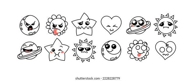Various Cartoon Emoticons Set. Doodle faces, eyes and mouth. Caricature comic expressive emotions, smiling, crying and surprised character face expressions. Isolated vector illustration icons set