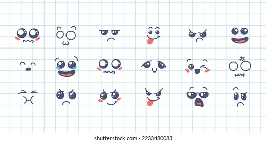 Various Cartoon Emoticons Set. Doodle faces, eyes and mouth. Caricature comic expressive emotions, smiling, crying and surprised character face expressions. Isolated vector illustration icons set