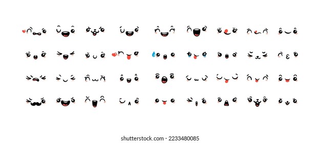 Verschiedene Cartoon Emoticons Set. Doodle Gesichter, Augen und Mund. Karikatur Comic expressive Emotionen, lächelnd, weinend und überrascht Charakter Gesichtsausdrücke. Satz von einzelnen Vektorgrafik-Symbolen