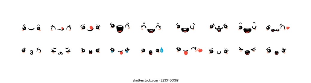 Various Cartoon Emoticons Set. Doodle faces, eyes and mouth. Caricature comic expressive emotions, smiling, crying and surprised character face expressions. Isolated vector illustration icons set