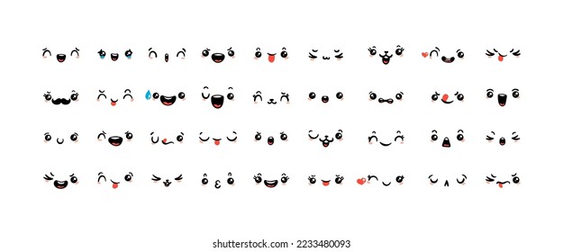 Various Cartoon Emoticons Set. Doodle faces, eyes and mouth. Caricature comic expressive emotions, smiling, crying and surprised character face expressions. Isolated vector illustration icons set